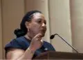 Ambassador Josephine Nkrumah speaks at a podium during an ECOWAS event in Monrovia, supporting Liberia’s bid to host key regional institutions