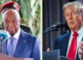 Split image showing Liberian President Joseph Boakai speaking at a podium with the Liberian Presidential seal, and former U.S. President Donald Trump delivering remarks at a separate event, both framed with microphones in front of them.