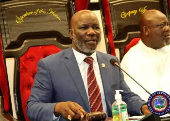 House Speaker Richard Nagbe Koon addresses lawmakers from the Speaker’s chair, proposing reserved legislative seats for women and persons with disabilities.