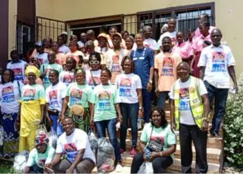 Community health workers and partners pose at the Safe Motherhood Week launch in Zwedru, Grand Gedeh County