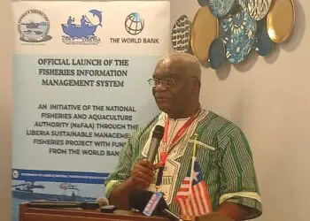Liberia Revenue Authority Commissioner General James Dorbor Jallah delivers keynote remarks at the launch of NaFAA’s Fisheries Information Management System in Monrovia.