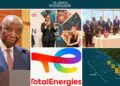 A collage of president Boakai, signing of agreement, total energies logo, map of Liberia's oil blocks