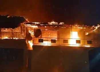 Fire damages commercial buildings on Broad Street in Gbarnga, Bong County, Liberia.