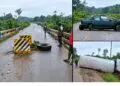 A damaged green sedan lying across the roadway at Janapita Bridge in Bong County.