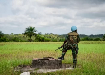 n UNMIL peacekeeper from Ghana on guard duty near the central city of Cestos during a visit by then head of UNMIL Karin Landgren in November 2012.