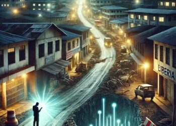 t's a glimpse into Liberia's challenges: a dimly lit city struggling with development, where the hope for progress shines through digital innovation amidst darkness (Image is IA Generated)
