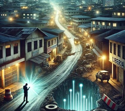 t's a glimpse into Liberia's challenges: a dimly lit city struggling with development, where the hope for progress shines through digital innovation amidst darkness (Image is IA Generated)