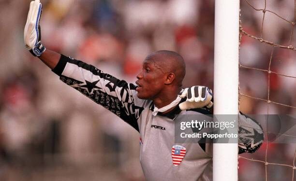 Football, 2002 World Cup Qualifier, African Second Round, Group B, Accra, 28th January 2001, Ghana 1 v Liberia 3, Liberia goalkeeper Louis Crayton  (Photo by Popperfoto via Getty Images/Getty Images)