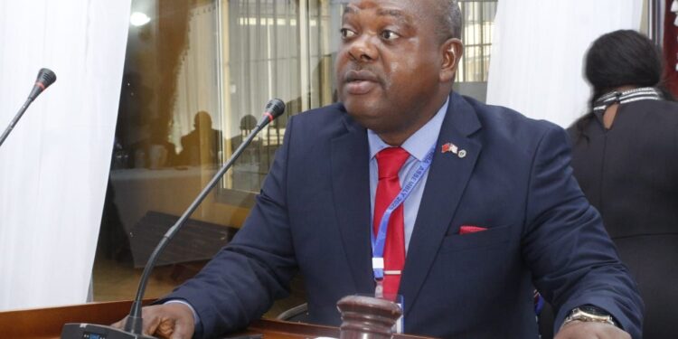 LNBA president speaks into a microphone with a gavel on his desk