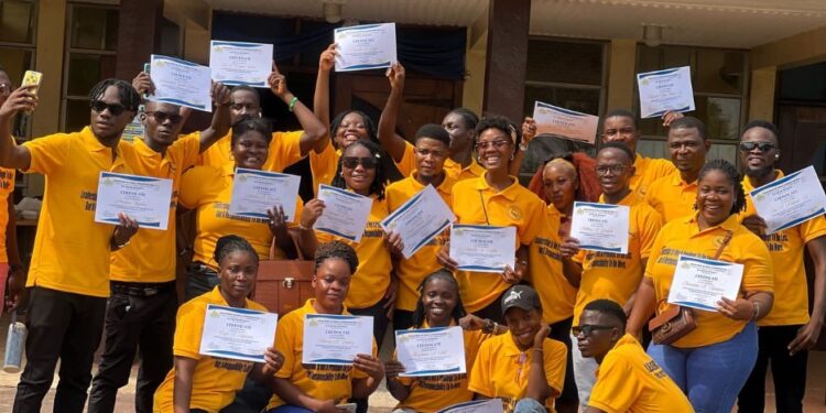 2024/2025 II Leadership Class students from Cuttington University pose with certificates after completing the PAD 401 Leadership Seminar in Suakoko, Liberia