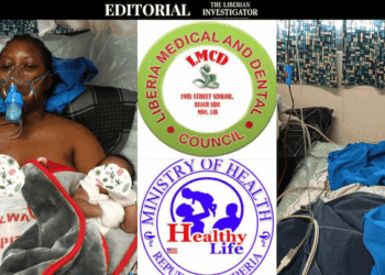 Editorial collage showing Jamesetta Kugmeh before and after a suspected botched C-section at ELWA Hospital, with logos of the Liberia Medical and Dental Council and Ministry of Health, symbolizing the institutions accused of ignoring her cries for help before her death.