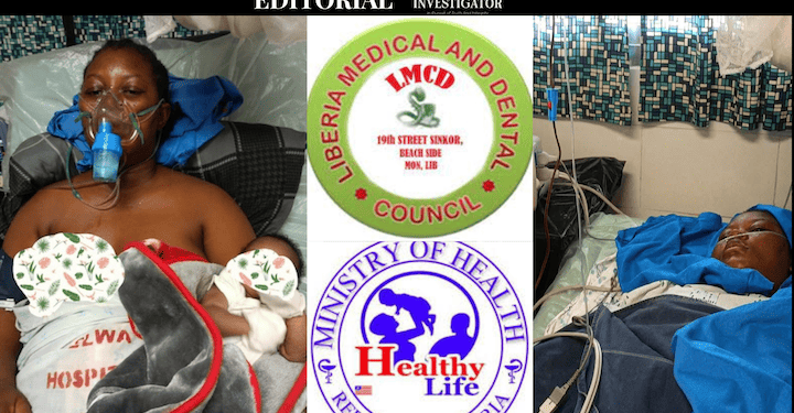 Editorial collage showing Jamesetta Kugmeh before and after a suspected botched C-section at ELWA Hospital, with logos of the Liberia Medical and Dental Council and Ministry of Health, symbolizing the institutions accused of ignoring her cries for help before her death.