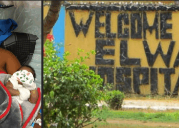 Split image showing (left) a young Liberian mother, Jamesetta Kugmeh, lying in a hospital bed with an oxygen mask and holding her newborn baby after undergoing emergency treatment at ELWA Hospital; and (right) the front entrance sign of ELWA Hospital in Monrovia, Liberia, reading “WELCOME TO ELWA HOSPITAL