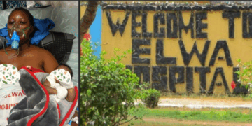Split image showing (left) a young Liberian mother, Jamesetta Kugmeh, lying in a hospital bed with an oxygen mask and holding her newborn baby after undergoing emergency treatment at ELWA Hospital; and (right) the front entrance sign of ELWA Hospital in Monrovia, Liberia, reading “WELCOME TO ELWA HOSPITAL
