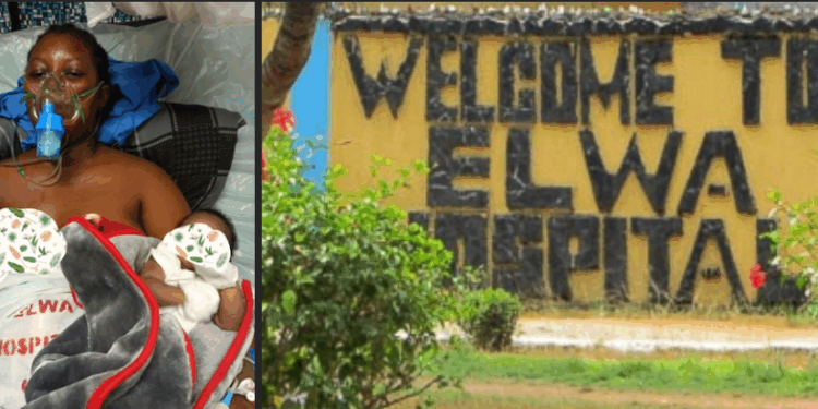 Split image showing (left) a young Liberian mother, Jamesetta Kugmeh, lying in a hospital bed with an oxygen mask and holding her newborn baby after undergoing emergency treatment at ELWA Hospital; and (right) the front entrance sign of ELWA Hospital in Monrovia, Liberia, reading “WELCOME TO ELWA HOSPITAL