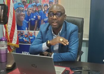 Naymote Executive Director Eddie D. Jarwolo presents the new monitoring framework for Liberia’s 2025–2029 ARREST development plan during the official launch in Paynesville.