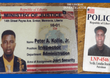Fake police identification cards of Cornelius Deacon Neville and Peter A. Kollie Jr., used in impersonation and extortion scheme uncovered by Liberia National Police in Red Light