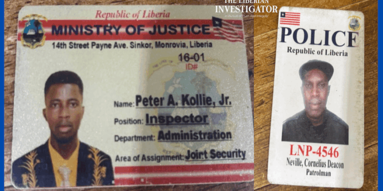 Fake police identification cards of Cornelius Deacon Neville and Peter A. Kollie Jr., used in impersonation and extortion scheme uncovered by Liberia National Police in Red Light
