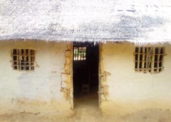 Cracked mud-walled Gbi-Doru Courthouse with thatched roof, lacking basic infrastructure