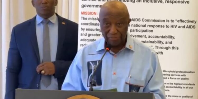 President Joseph Boakai speaking at the National AIDS Commission 2025 fundraising launch at the Ministerial Complex in Monrovia