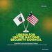 Campaign banner showing Liberia’s flag and the UN Security Council flag side-by-side, promoting the country’s 2026–2027 UNSC bid with the slogan “Towards a Just and Peaceful World.”