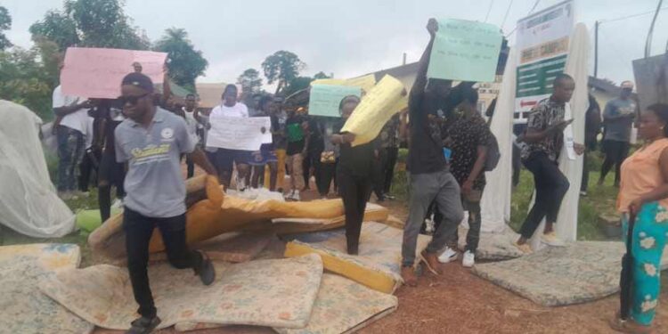 Students at the Lutheran University of Liberia protest by blocking an entrance with worn-out mattresses and holding handwritten signs, demanding better dormitory conditions and academic services.