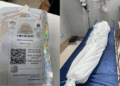 Liberian pilgrim ID card of Ma Bindu Sumaworo and her covered body on a hospital stretcher in Madina after her passing during the 2025 Hajj pilgrimage.
