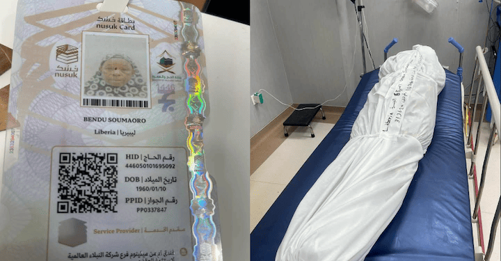 Liberian pilgrim ID card of Ma Bindu Sumaworo and her covered body on a hospital stretcher in Madina after her passing during the 2025 Hajj pilgrimage.