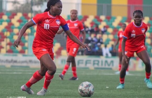 Liberia’s deputy captain Mimi Eiden controls the ball during a WAFU Zone A Women’s Cup match against Mauritania, with teammates in support.