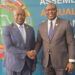 Liberian Finance Minister Augustine Ngafuan shakes hands with outgoing AfDB Constituency 15 Executive Director Rufus N. Darkortey during the 2025 Annual Meetings in Abidjan.