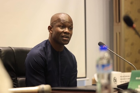 LFA President Mustapha Raji addresses journalists at the Liberia Football Association headquarters in Monrovia amid corruption investigation concerns