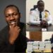 Youth activist Randy Nuch Brickson and Inspector General of Police with donated breathalyzers and gloves during press conference.