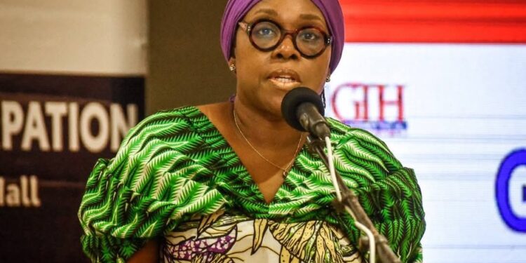 Liberia’s Foreign Minister Sara Beysolow Nyanti speaking at the Liberia Investment Conference in Accra, Ghana