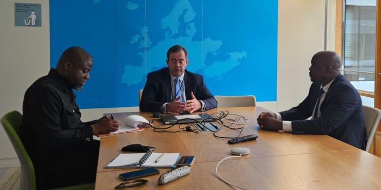 Liberian Ambassador Teeko T. Yorlay meets with Serguei Kouznetsov of the Venice Commission and Minister Counselor Francis R. Grant at the Council of Europe Headquarters in Strasbourg to discuss legal reforms in Liberia.