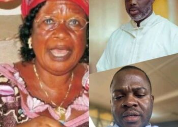 Madam Nancy Doe (left), George Weah (upper right) and, Watson Chelley (lower left) pointing accusing fingers