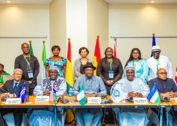 West African transport ministers and delegates pose during a high-level meeting in Abidjan, Ivory Coast, to discuss the establishment of a regional BAG States Airline.
