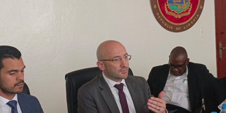World Bank delegation head Narc Lixi speaks during a meeting with Liberia’s Ministry of Post and Telecommunications officials on digital market integration, May 26, 2025.