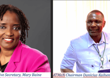 Side-by-side portraits of ATAF’s new Executive Secretary Mary Baine in a pink blazer, and ATMeN Chairman Danicius Kaihenneh Sengbeh speaking at a podium during a media engagement