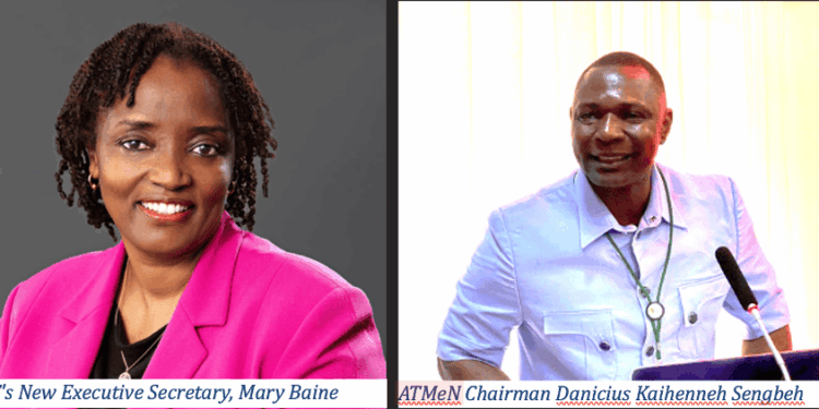 Side-by-side portraits of ATAF’s new Executive Secretary Mary Baine in a pink blazer, and ATMeN Chairman Danicius Kaihenneh Sengbeh speaking at a podium during a media engagement
