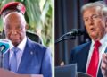 Split image showing Liberian President Joseph Boakai speaking at a podium with the Liberian Presidential seal, and former U.S. President Donald Trump delivering remarks at a separate event, both framed with microphones in front of them.