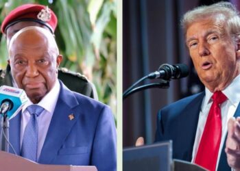 Split image showing Liberian President Joseph Boakai speaking at a podium with the Liberian Presidential seal, and former U.S. President Donald Trump delivering remarks at a separate event, both framed with microphones in front of them.