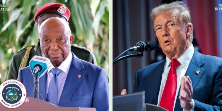 Split image showing Liberian President Joseph Boakai speaking at a podium with the Liberian Presidential seal, and former U.S. President Donald Trump delivering remarks at a separate event, both framed with microphones in front of them.