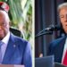 Split image showing Liberian President Joseph Boakai speaking at a podium with the Liberian Presidential seal, and former U.S. President Donald Trump delivering remarks at a separate event, both framed with microphones in front of them.