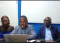 Liberian civil society leaders including Anderson D. Miamen, Esther Yango, and George Sagbeh address the press in Monrovia, warning against proposed amendments to the Local Government Act.