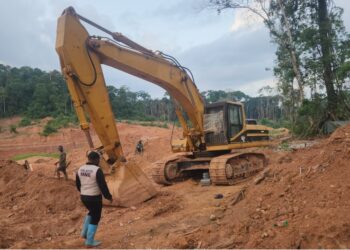 An excavator at an illegal mining site in Duogbo Town, Grand Kru County, as a Ministry of Mines official supervises its shutdown.