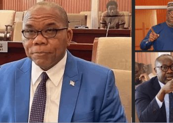 Liberian Senators Albert Chie, Edwin Snowe, and Amara Konneh speak during a heated plenary debate on local work ethic and foreign labor permits at the Capitol.