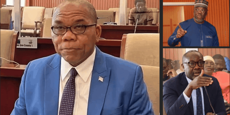 Liberian Senators Albert Chie, Edwin Snowe, and Amara Konneh speak during a heated plenary debate on local work ethic and foreign labor permits at the Capitol.