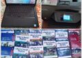 Collage showing donated educational supplies including a Dell laptop, HP printer, and Liberia Social Studies textbooks provided to public elementary schools in Harper District by Mrs. Jlaka and donors.