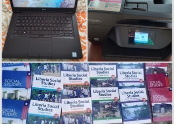 Collage showing donated educational supplies including a Dell laptop, HP printer, and Liberia Social Studies textbooks provided to public elementary schools in Harper District by Mrs. Jlaka and donors.
