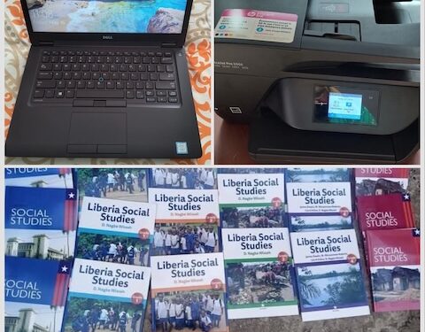 Collage showing donated educational supplies including a Dell laptop, HP printer, and Liberia Social Studies textbooks provided to public elementary schools in Harper District by Mrs. Jlaka and donors.